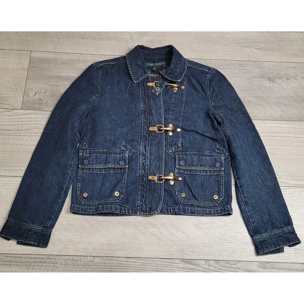🐎Vintage Lauren Jeans Co Ralph Lauren Women M Blue Denim Fireman Jacket 90s Y2K - Picture 2 of 16